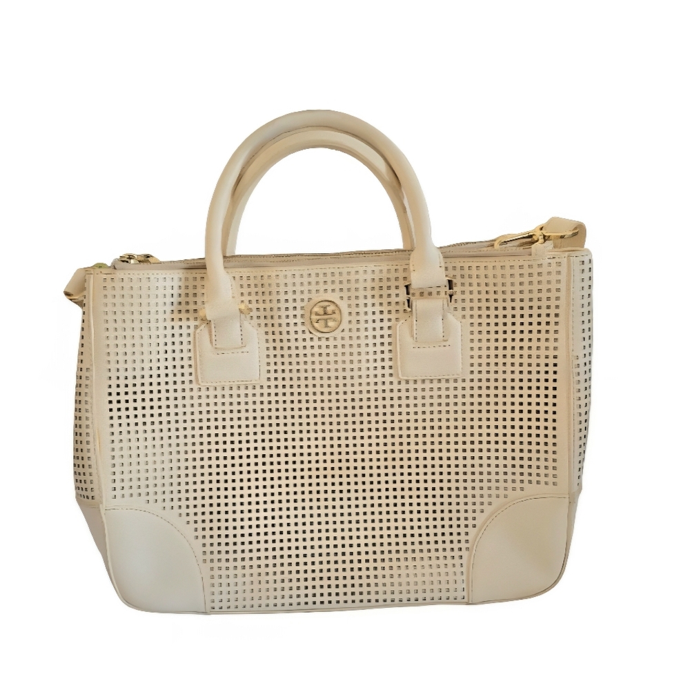 Tory Burch Robinson Purse Perforated  Ivory Leather Satchel Handbag Strap